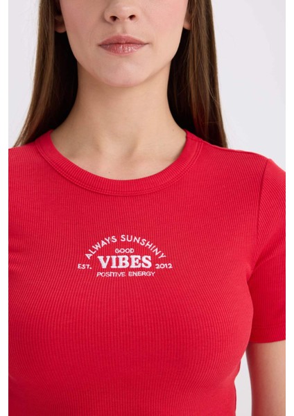 Fitted Bisiklet Yaka Baskılı Fitilli Kaşkorse Kısa Kollu Tişört E5069AX25SP