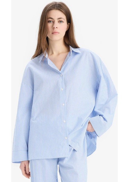 Çizgili Pijama Yaka Poplin Pijama Üstü-Fall in Love E3113AX25SP