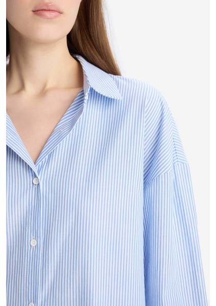 Çizgili Pijama Yaka Poplin Pijama Üstü-Fall in Love E3113AX25SP
