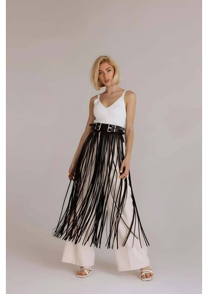 Püsküllü Deri Etek, Bel Üzeri Şık Püsküllü Deri Etek - BRF1090