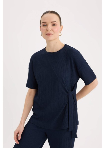 Relax Fit Bisiklet Yaka Basic Düz Bürümcük Kısa Kollu Tişört D5446AX25SP