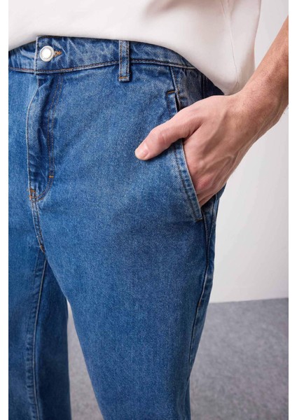 %100 Pamuk Relaxed Slouchy Fit Rahat Kesim Düz Paça Jean Yıkamalı Pantolon E5387AX25SP