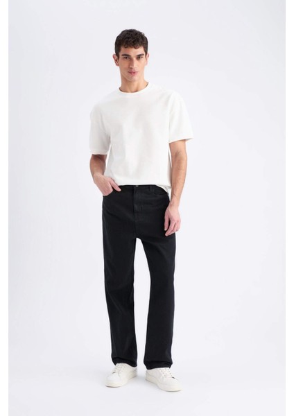 %100 Pamuk Baggy Fit Geniş Kalıp Normal Bel Geniş Paça Siyah Jean Pantolon E5388AX25SP