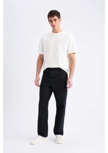 %100 Pamuk Baggy Fit Geniş Kalıp Normal Bel Geniş Paça Siyah Jean Pantolon E5388AX25SP