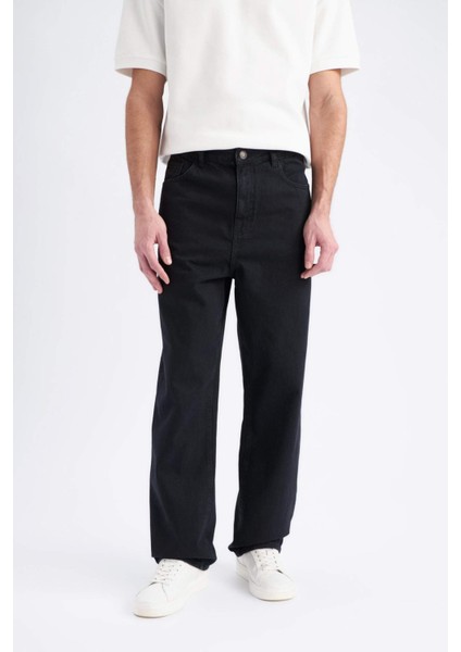 %100 Pamuk Baggy Fit Geniş Kalıp Normal Bel Geniş Paça Siyah Jean Pantolon E5388AX25SP