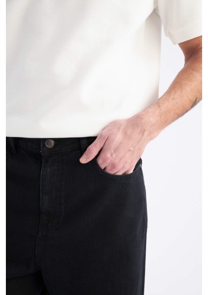 %100 Pamuk Baggy Fit Geniş Kalıp Normal Bel Geniş Paça Siyah Jean Pantolon E5388AX25SP