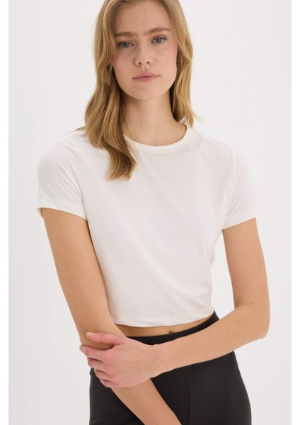Fit Crop Bisiklet Yaka Basic Düz Sporcu Kısa Kollu Tişört D7295AX25SP