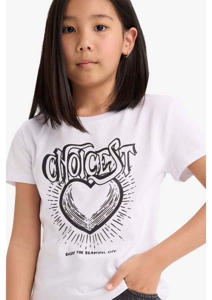 Kız Çocuk Bisiklet Yaka Baskılı Kısa Kollu Tişört E5902A825SM