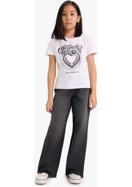 Kız Çocuk Bisiklet Yaka Baskılı Kısa Kollu Tişört E5902A825SM