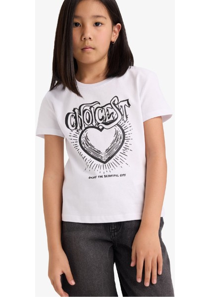 Kız Çocuk Bisiklet Yaka Baskılı Kısa Kollu Tişört E5902A825SM