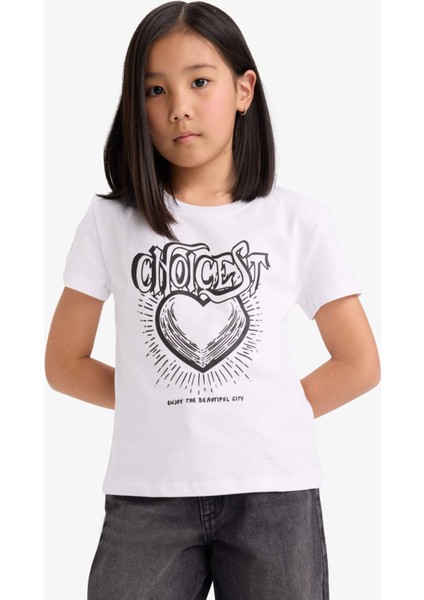Kız Çocuk Bisiklet Yaka Baskılı Kısa Kollu Tişört E5902A825SM
