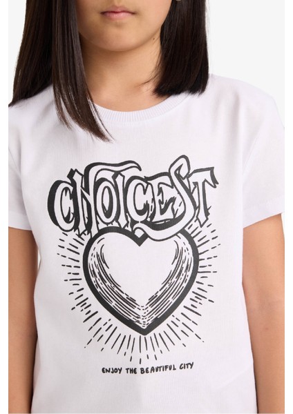 Kız Çocuk Bisiklet Yaka Baskılı Kısa Kollu Tişört E5902A825SM