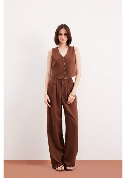 Wide Leg Keten Karışımlı Pantolon Normal Bel Geniş Paça Cepli Fermuarlı Standart Boy E6210AX25SP