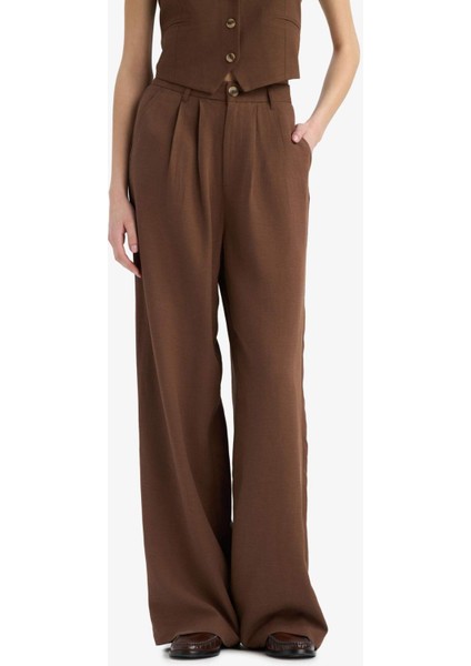 Wide Leg Keten Karışımlı Pantolon Normal Bel Geniş Paça Cepli Fermuarlı Standart Boy E6210AX25SP