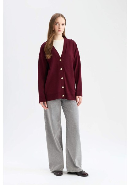 Relax Fit V Yaka Düğmeli Triko Bordo Hırka E6134AX24CW
