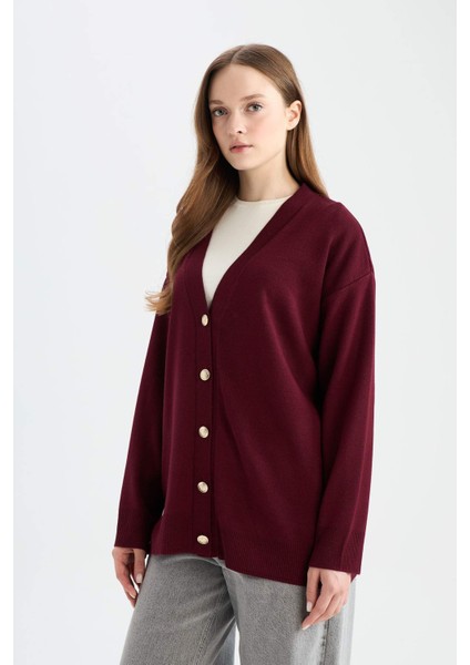 Relax Fit V Yaka Düğmeli Triko Bordo Hırka E6134AX24CW