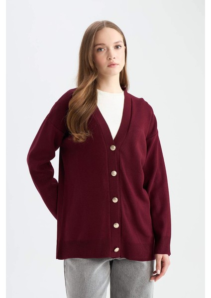 Relax Fit V Yaka Düğmeli Triko Bordo Hırka E6134AX24CW