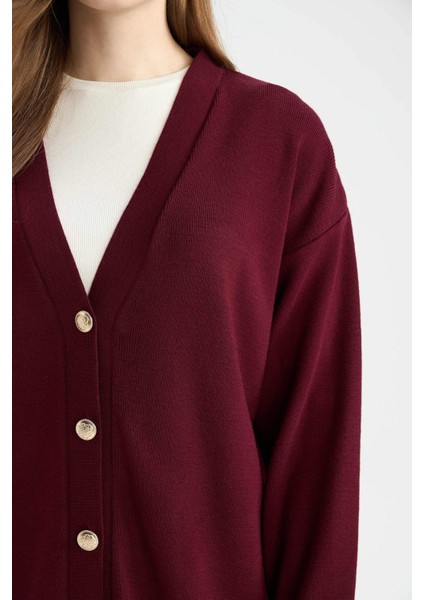 Relax Fit V Yaka Düğmeli Triko Bordo Hırka E6134AX24CW