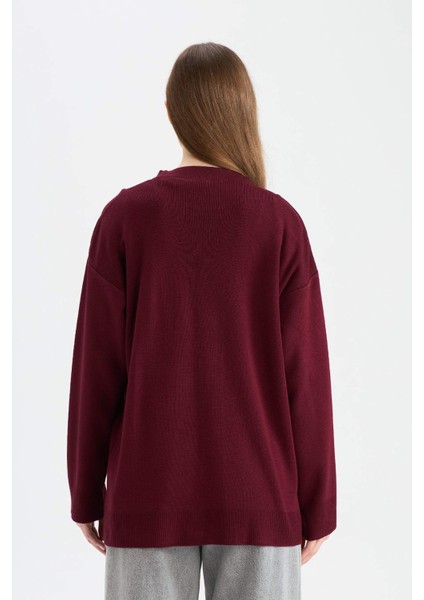 Relax Fit V Yaka Düğmeli Triko Bordo Hırka E6134AX24CW