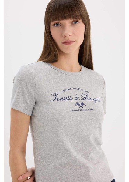 Regular Fit Bisiklet Yaka Baskılı Ribana Kısa Kollu Tişört E5067AX25SP