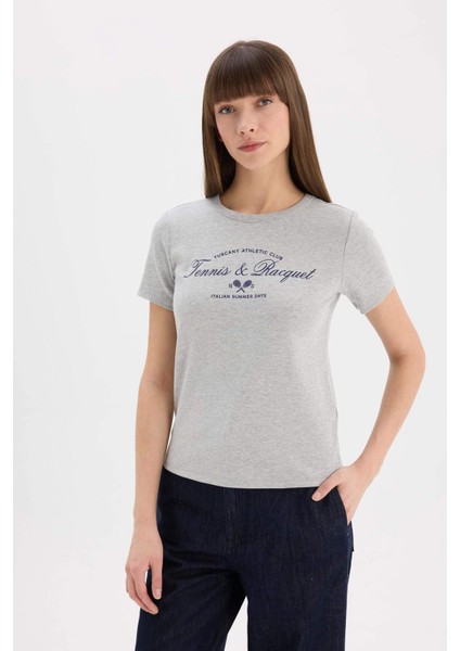 Regular Fit Bisiklet Yaka Baskılı Ribana Kısa Kollu Tişört E5067AX25SP