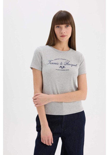 Regular Fit Bisiklet Yaka Baskılı Ribana Kısa Kollu Tişört E5067AX25SP