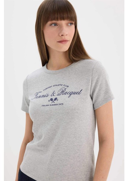 Regular Fit Bisiklet Yaka Baskılı Ribana Kısa Kollu Tişört E5067AX25SP