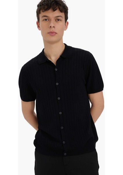 Standart Fit Polo Yaka Kısa Kollu Siyah Triko Tişört E4603AX25SM