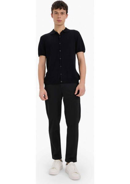 Standart Fit Polo Yaka Kısa Kollu Siyah Triko Tişört E4603AX25SM