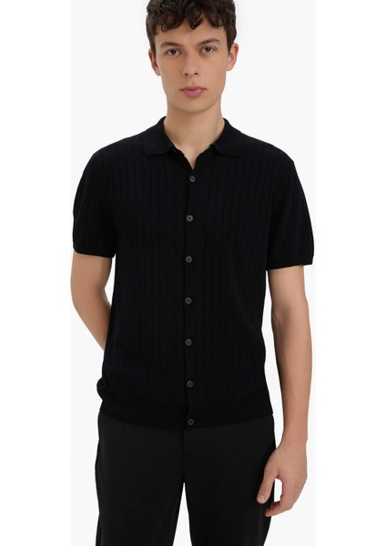Standart Fit Polo Yaka Kısa Kollu Siyah Triko Tişört E4603AX25SM