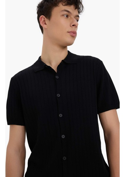 Standart Fit Polo Yaka Kısa Kollu Siyah Triko Tişört E4603AX25SM