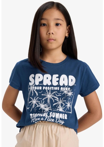 Kız Çocuk Bisiklet Yaka Baskılı Kısa Kollu Tişört E5891A825SM