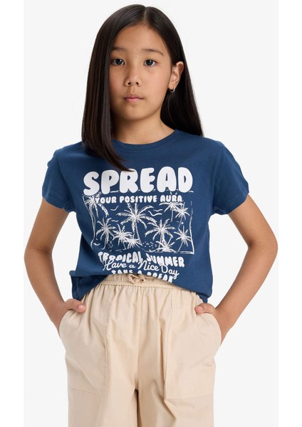 Kız Çocuk Bisiklet Yaka Baskılı Kısa Kollu Tişört E5891A825SM