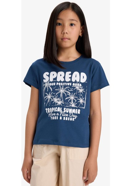 Kız Çocuk Bisiklet Yaka Baskılı Kısa Kollu Tişört E5891A825SM