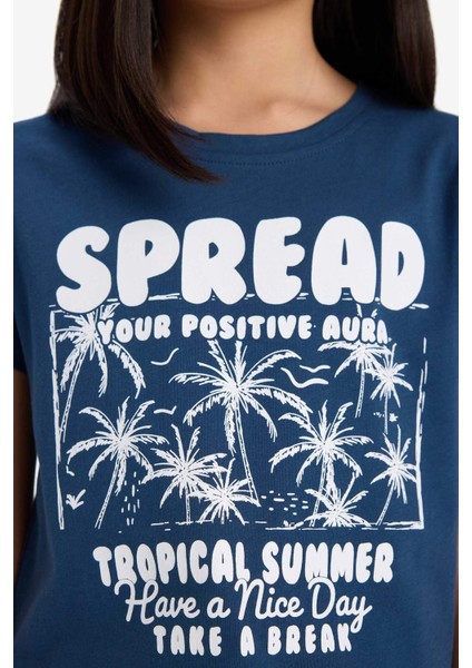 Kız Çocuk Bisiklet Yaka Baskılı Kısa Kollu Tişört E5891A825SM