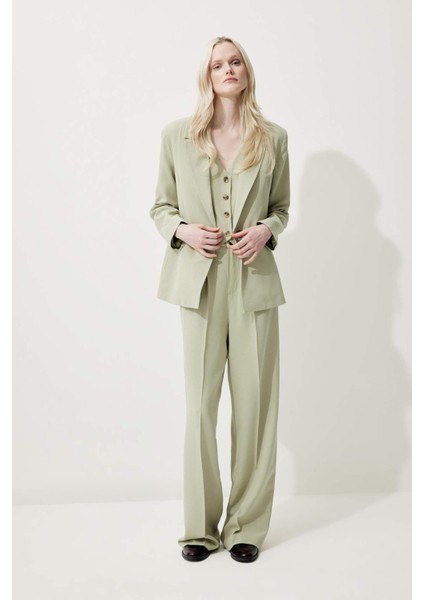 Wide Leg Keten Karışımlı Palazzo Pantolon Yüksek Bel Geniş Bol Paça Pensli Cepli A1922AX25SM