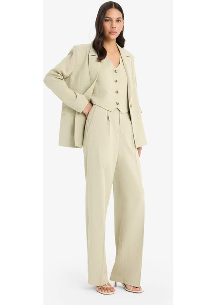 Wide Leg Keten Karışımlı Palazzo Pantolon Yüksek Bel Geniş Bol Paça Pensli Cepli A1922AX25SM