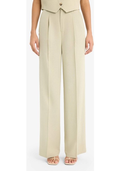 Wide Leg Keten Karışımlı Palazzo Pantolon Yüksek Bel Geniş Bol Paça Pensli Cepli A1922AX25SM