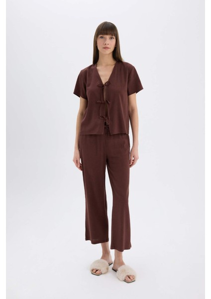 Pijama Takımı Keten Kısa Kollu Üst Beli Lastikli Alt-Fall in Love E3571AX25SP