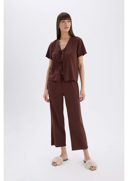 Pijama Takımı Keten Kısa Kollu Üst Beli Lastikli Alt-Fall in Love E3571AX25SP