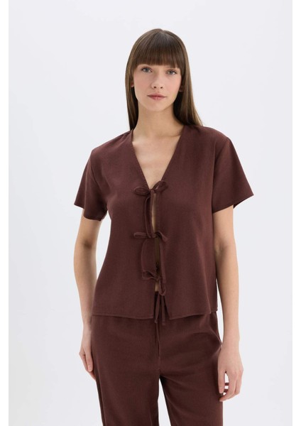 Pijama Takımı Keten Kısa Kollu Üst Beli Lastikli Alt-Fall in Love E3571AX25SP