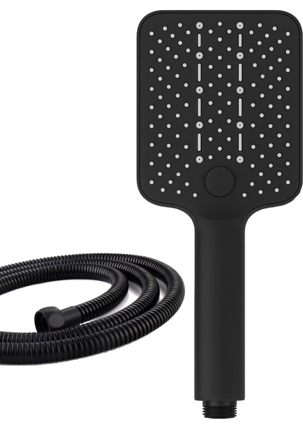 Kare Siyah 4 Fonksiyonlu El Duşu ve Duş Hortumu Seti