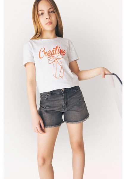 Kız Çocuk Bisiklet Yaka Baskılı Kısa Kollu Tişört E5895A825SM