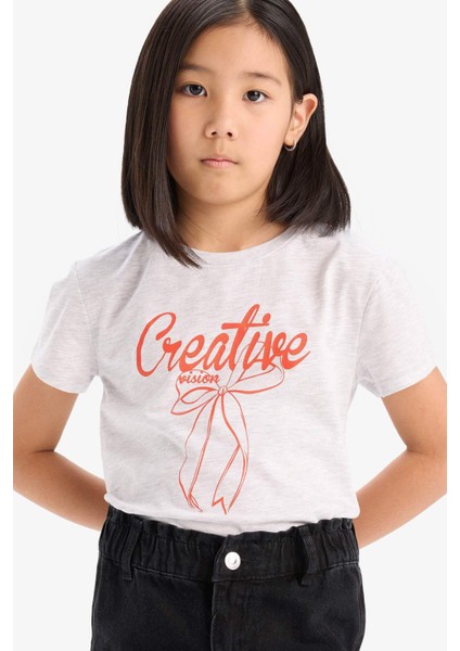 Kız Çocuk Bisiklet Yaka Baskılı Kısa Kollu Tişört E5895A825SM