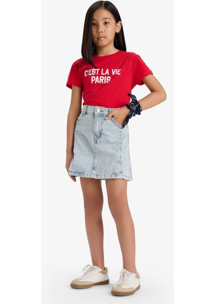 Kız Çocuk Bisiklet Yaka Baskılı Kısa Kollu Tişört E5894A825SM