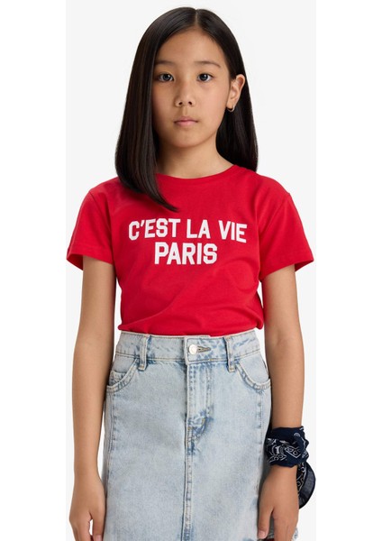 Kız Çocuk Bisiklet Yaka Baskılı Kısa Kollu Tişört E5894A825SM