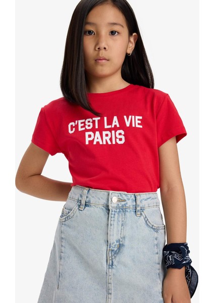 Kız Çocuk Bisiklet Yaka Baskılı Kısa Kollu Tişört E5894A825SM