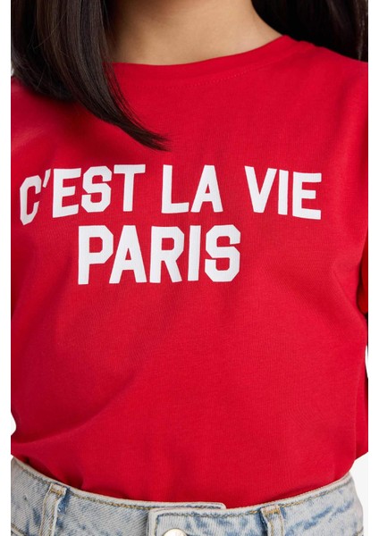 Kız Çocuk Bisiklet Yaka Baskılı Kısa Kollu Tişört E5894A825SM