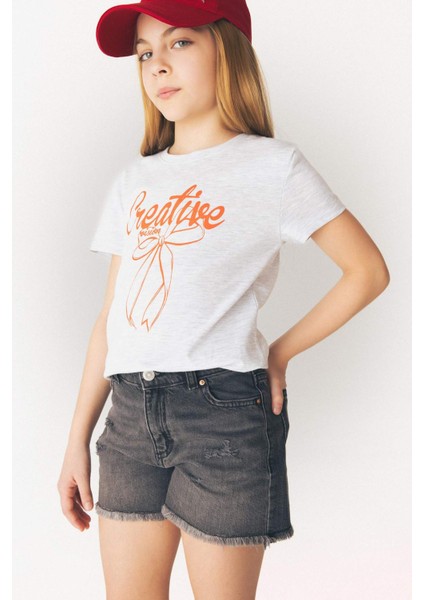 Kız Çocuk Bisiklet Yaka Baskılı Kısa Kollu Tişört E5895A825SM