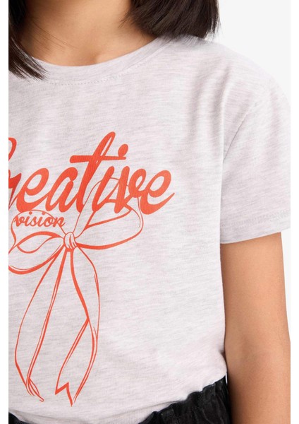 Kız Çocuk Bisiklet Yaka Baskılı Kısa Kollu Tişört E5895A825SM